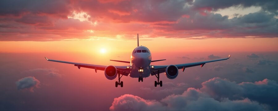 Large modern passenger jet aircraft flies through beautiful sky above clouds. Golden hour sun creates warm pink, orange light. Plane landing departing, representing global air travel, new journey,