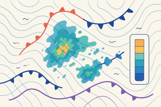 Weather map with abstract colorful isobar lines and precipitation zones in light artistic style on scientific background concept. Ai generative. Ai generative