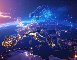 European continent at night, detailed map overlayed on a planet Earth view, with city lights, highlighted borders and network connections