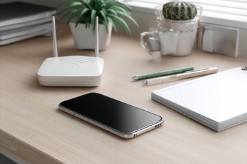 White Mockup Smartphone Screen and Wi-Fi Router