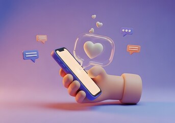 Mobile app social activity and digital interaction concept. Viewing messages and receiving a love or like notification. Stylized hand holding a smartphone with chat and heart icons floating.