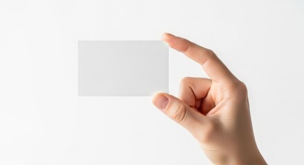 Hand holding a blank white card isolated on white background