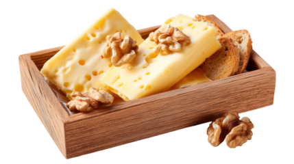 Gourmet cheese and walnuts presented in a rustic wooden box
