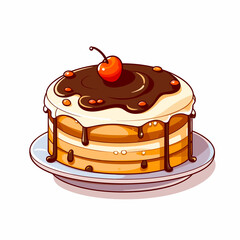 A tasty cartoon chocolate cake with red cherry, yellow layers, dripping sauce on blue plate, isolated on white. Ideal for food graphics or dessert designs