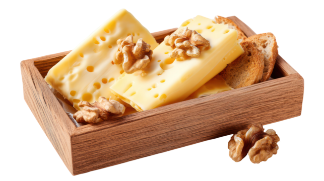 Gourmet cheese and walnuts presented in a rustic wooden box