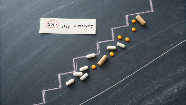 Steps to recovery illustrated with colorful pills on a chalkboard background depicting a path to wellness and health
