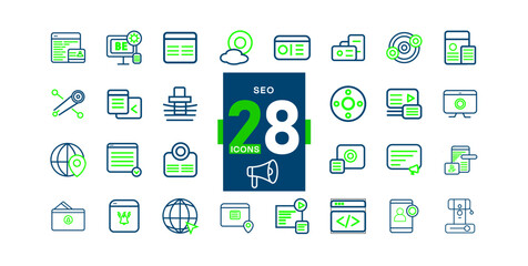 Collection of seo icons in blue and green featuring various web elements silhouette