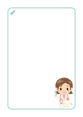 若い女性医師と注射器アイコン付きシンプルフレーム／予防接種・ワクチン・採血・お知らせデザイン（A4比率縦位置）