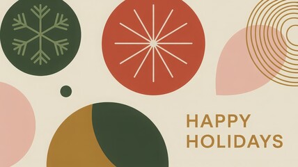 Modern holiday card with geometric circles abstract snowflake and gold happy holidays text on cream background