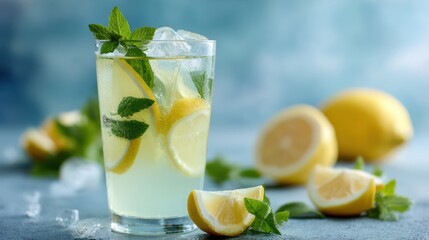 Fototapeta premium Refreshing lemon drink with ice, lemon slices, and mint leaves in a glass.