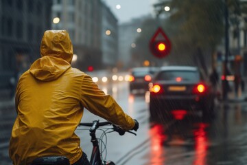 Fototapeta premium Red traffic light cyclist yellow raincoat rainy city