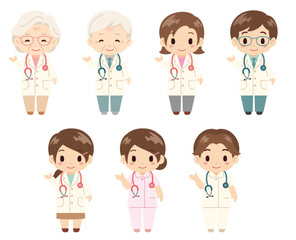  医師と看護師の人物セット／若い男女、高齢男女の右手を上げて案内する立ち姿のベクター素材