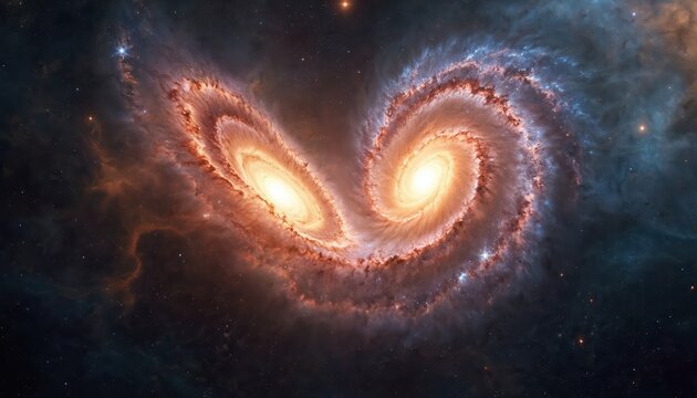 Two spiral galaxies in deep space interact creating spectacular cosmic art. Swirling gas and dust form bright glowing arms. Distant stars twinkle in the vast dark universe.
