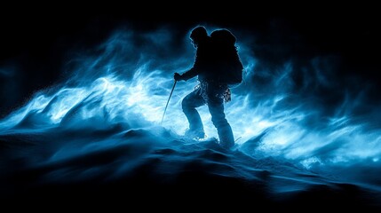 A lone adventurer crosses a snowy landscape, bathed in an enchanting blue glow
