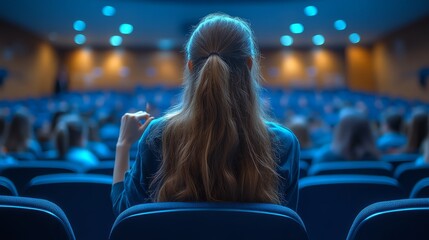 A long-haired audience member shows focus and excitement at a captivating contemporary event