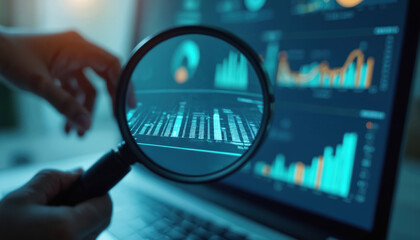 Person examines data on laptop screen with magnifying glass. Graphs, charts displayed. Hand holds magnifier over computer monitor showing analytics. Close-up view of screen with bar charts, line