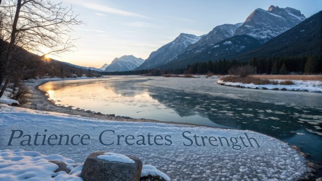Serene Winter Landscape with Frozen River, Mountains, and Inspirational Quote in Beautiful Natural Setting