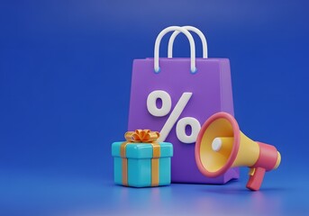 Digital marketing, sales announcement, and special retail promotion. E-commerce campaign, discount offer, and shopping reward. Shopping bag with percentage, gift box, and megaphone