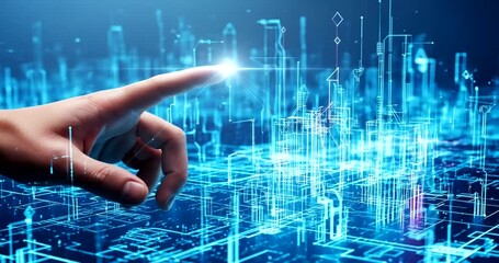 Futuristic hand reaching towards glowing digital cityscape with data - Powered by Adobe