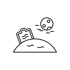 Minimalist line art illustration of a grave and tombstone under a tranquil moonlit night sky, symbolizing remembrance, peace, and the quiet contemplation of mortality