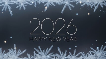 Refined 2026 new year card with elegant white typography frost inspired accents and cool dark winter backdrop