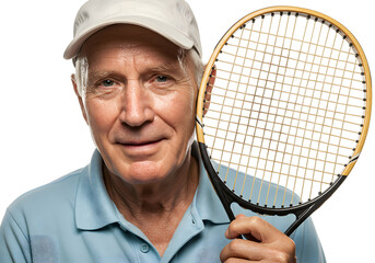 Close-up portrait of a smiling senior man wearing a white cap and blue polo shirt, holding a tennis racket. Isolated on transparent background, png