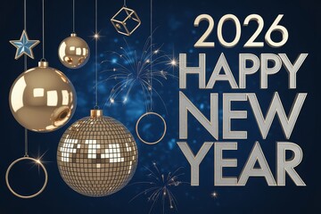 Reflective gold 2026 with disco ball and electric blue fireworks on navy for a luxurious midnight new year card