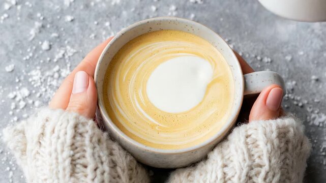 Warm, Creamy Beverage Being Poured into a Cozy Mug Held by Hands in a Soft Knit Sweater, Perfect for Enjoying During Chilly Days or Relaxing Moments