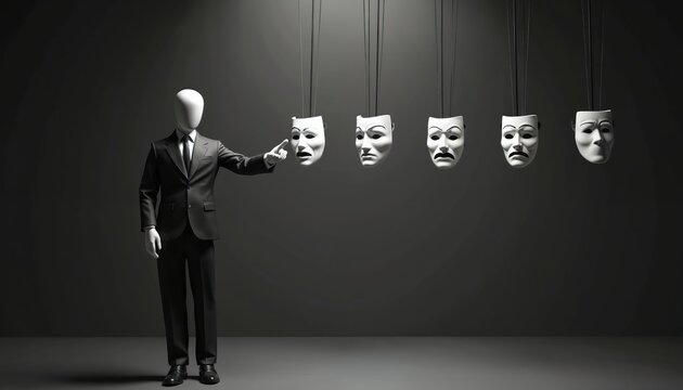 Faceless mannequin in dark suit points at several hanging theater masks. Masks display various human emotions like sadness, fear, anger. Choosing role, identity, facade, making tough business