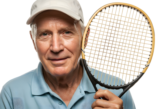 Close-up portrait of a smiling senior man wearing a white cap and blue polo shirt, holding a tennis racket. Isolated on transparent background, png
