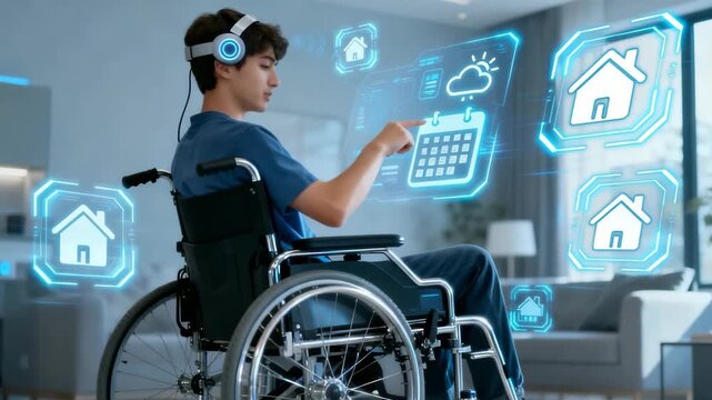 Man in wheelchair using futuristic virtual interface with holographic icons and calendar, wearing headset in smart home environment. Concept of accessibility and assistive technology. 4K video