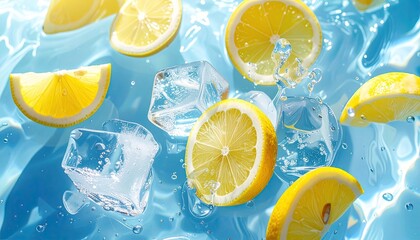 Lemon Slices and Ice Cubes in Blue Water with Splashes High Angle
