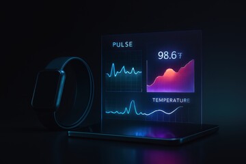 Fototapeta premium Monitor your health with this modern smartwatch and app, tracking your pulse and temperature in real time for a healthier, more informed lifestyle with vibrant, dynamic graphs