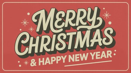 Vintage inspired christmas card with bold white cursive merry christmas lettering green flourishes golden stars red background and classic white frame