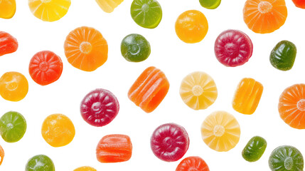 Assortment of colorful fruit flavored gummy candies on a black background