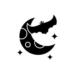 Enchanting Halloween night illustration featuring a crescent moon, a flying bat, and shimmering stars, capturing the essence of a spooky evening