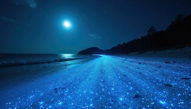 Moonlit beach with glowing blue sand and waves at night. Sparkling stars in the sky. Calm sea under bright full moon. Dark trees on the shore. Glowing pathway on the sandy beach.