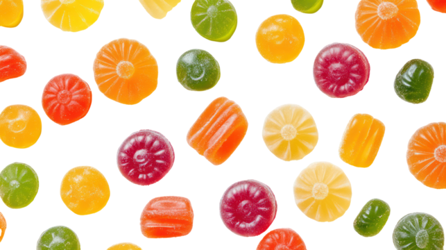 Assortment of colorful fruit flavored gummy candies on a black background