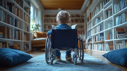 A young boy in a wheelchair enjoys a captivating book in a warm, inviting library filled with shelves of stories