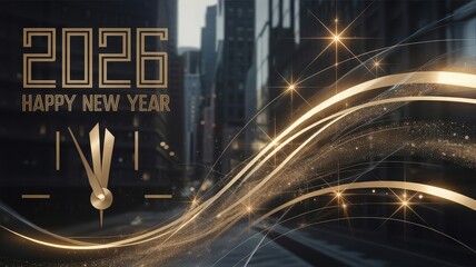 Art deco 2026 new year card with geometric gold lettering vintage clock and shimmering black gold wave