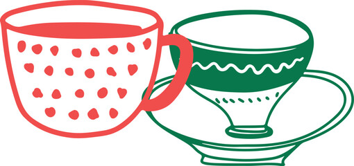 Tea Cups Collection Line Drawing Sketch	