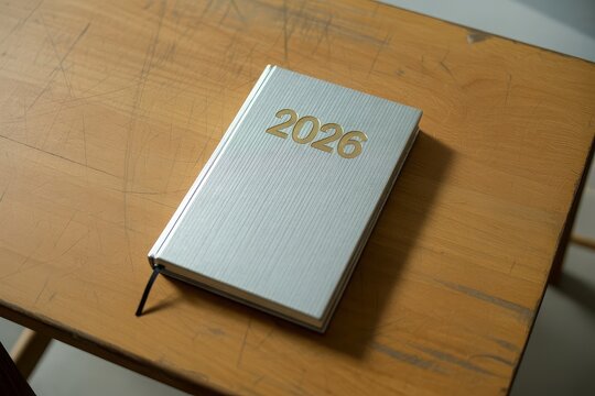 Minimalist 2026 planner with ribbed cover gold foil accents on pine desk in soft lit workspace