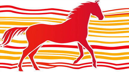 Obraz premium Silhouette of a red horse in motion on a background of wavy red and orange stripes. Minimalist vector design conveying dynamics and energy of movement. Ideal for themes of sports, speed, and abstract 