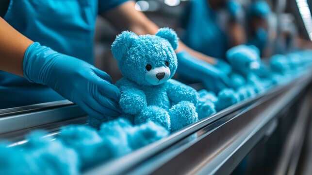 Hands in gloves carefully position soft blue teddy bears for final inspection and quality control in a bustling factory - Powered by Adobe
