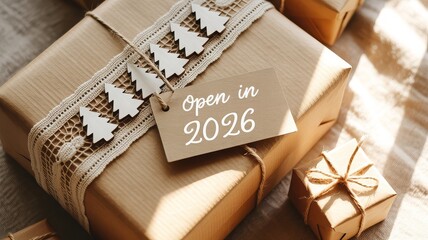 Rustic kraft paper Christmas gift with lace trim and wooden trees on soft beige linen backdrop