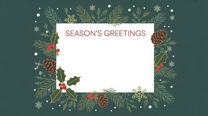 Festive seasons greetings card with white center evergreen holly berries pinecones snowflakes on dark teal background