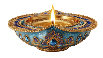 Traditional Diwali diya lamp with burning flame and colorful decorations used for Hindu festival celebration and worship isolated on white background