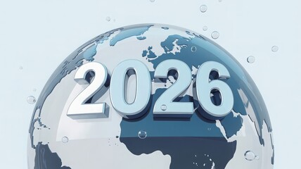 Futuristic 2026 design with sleek white numbers metallic silver globe bubbles and pale blue celebration backdrop