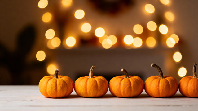A row of orange pumpkins on a white surface with blurred lights in the background creating a warm glow halloween