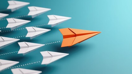A paper airplanes following orange leader symbolizing teamwork, leadership, and technical support and customer service